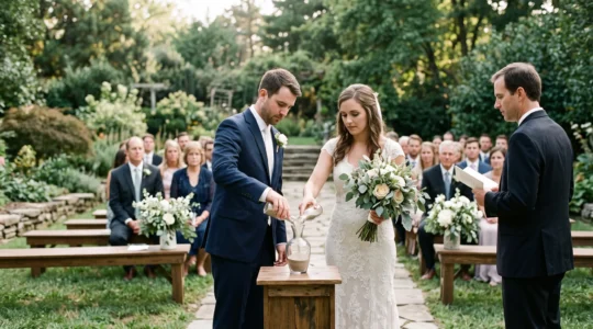 Un couple verse du sable coloré dans un vase en verre lors d'une cérémonie laïque personnalisée en plein air, avec un officiant et des invités assis sur des bancs décorés de fleurs pastel.